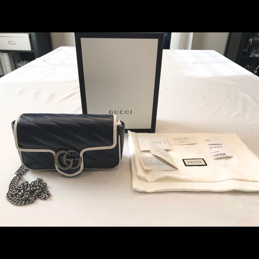 Gucci GG Marmont Super Mini Crossbody Bag Leather Blue Agata/white